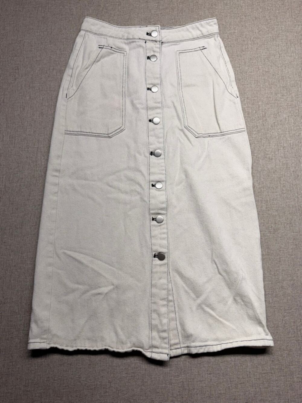 Miou Muse Small White Denim Button Front Midi Skirt High Waist Utility Pockets